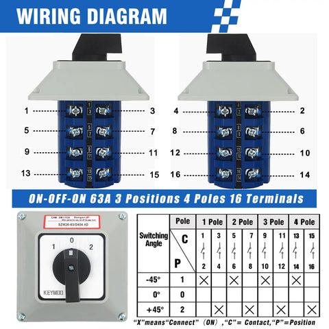 Wiring diagram for 63A Rotary Changeover Switch With Exterior IP65 Enclosure, 4NO 4NC, 2 Way 3 Position Cam Switch.
