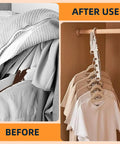Before and after image showing a cluttered pile of shirts versus neatly hung shirts using Travel Portable Foldable Clothes Hanger Kit With Clips Lightweight Plastic Drying Rack For Air Drying Includes 2 Racks And 5 Hangers Compact On The Go Laundry Organizer For Home Or Travel.