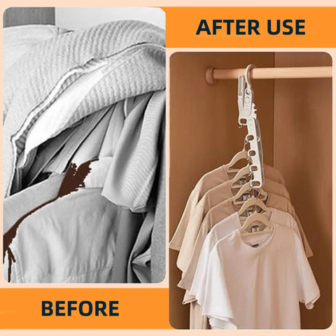 Before and after image showing a cluttered pile of shirts versus neatly hung shirts using Travel Portable Foldable Clothes Hanger Kit With Clips Lightweight Plastic Drying Rack For Air Drying Includes 2 Racks And 5 Hangers Compact On The Go Laundry Organizer For Home Or Travel.