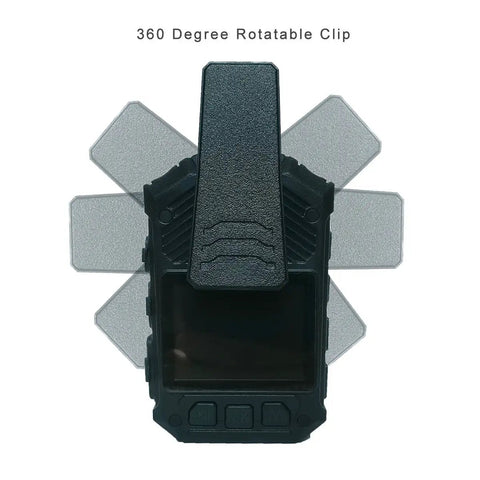 1296P Police Body Camera With 2 Inch Display Night Vision GPS Built In 128GB Memory Ideal For Security Guards And Bouncers Law Enforcement On The Go Anywhere showing 360-degree rotatable clip feature