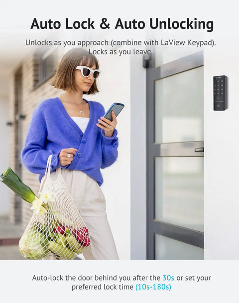 Woman using smartphone to unlock Bluetooth Enabled Smart Door Lock with Keyless Entry, Auto Lock, App Control, Wireless Home Security Upgrade