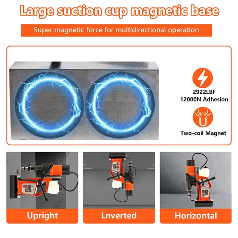 Powerful 110V Magnetic Drill Press With Copper Motor shown with large suction cup magnetic base for multidirectional operation.