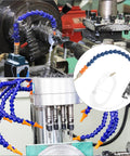 QWORK mist coolant spray system with blue flexible arms and orange nozzles for CNC milling and lathe machines.