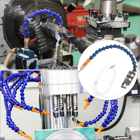 QWORK mist coolant spray system with blue flexible arms and orange nozzles for CNC milling and lathe machines.