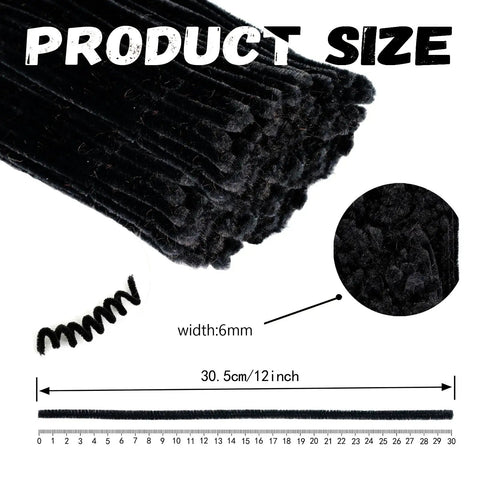 Kid Friendly Chenille Stem Craft Sticks 200 Pack Black Pipe Cleaners 6mm Diameter 12 Inch Length For DIY Projects Arts And Crafts For Kids And Adults Halloween Christmas Gift Idea, black 6mm x 12in