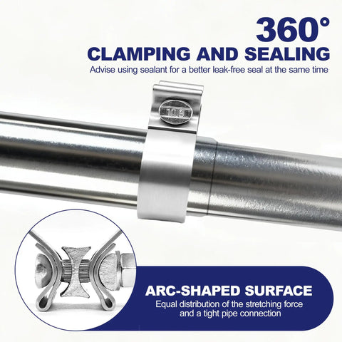 Close-up of 2.5 Inch Exhaust Clamp Narrow Band Stainless Steel 304 Muffler Clamp For 2.5 OD Exhaust Pipe on tubing connection.