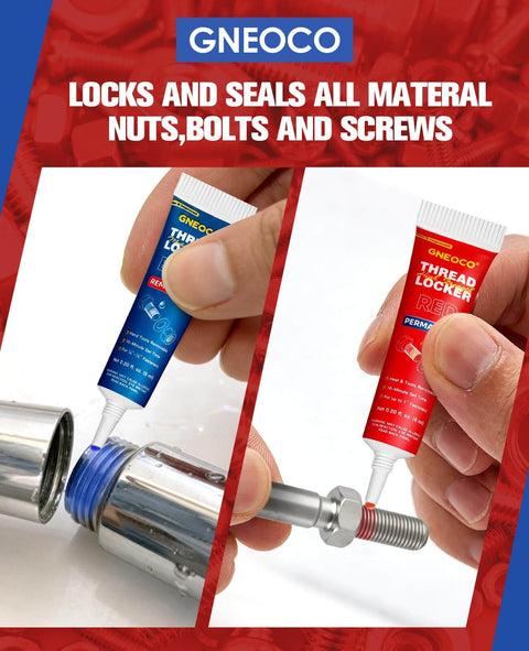 Blue And Red Thread Locker Set 6ml Each Two Pack With Medium And High Strength Seals For Nuts Bolts And Metal Fasteners To Stop Loose Screws And Corrosion Like A Pro applied to metal fasteners