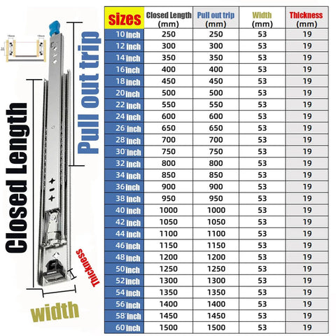 Chart showing sizes for Heavy Duty Drawer Slides Full Extension Industrial Drawer Runners With Lock Side Mount 350-1500mm