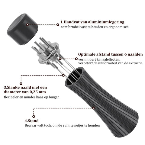 Espresso Distribution Tool With Six Plus Six Needle Set 0.4mm Espresso Stirrer showing aluminum handle and needle details.