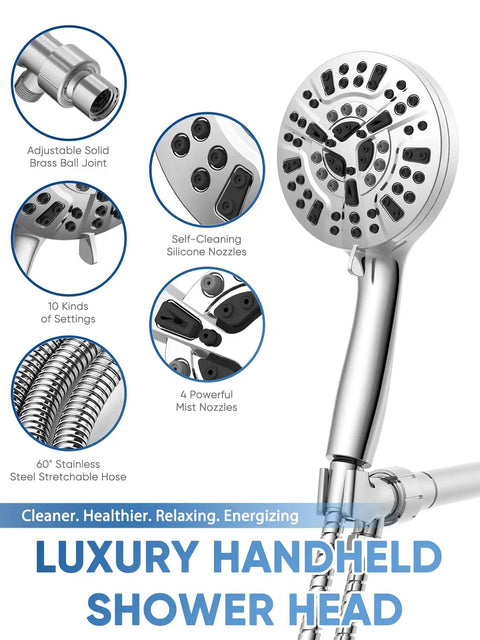 High Pressure Handheld Shower Head With 60 Inch Stainless Steel Hose 10 Settings 6 Zone Powerhead Detachable Design Hard Water Filter Anti Clog For Bathroom Great For Tile Cleaning And Pet Bathing showing features