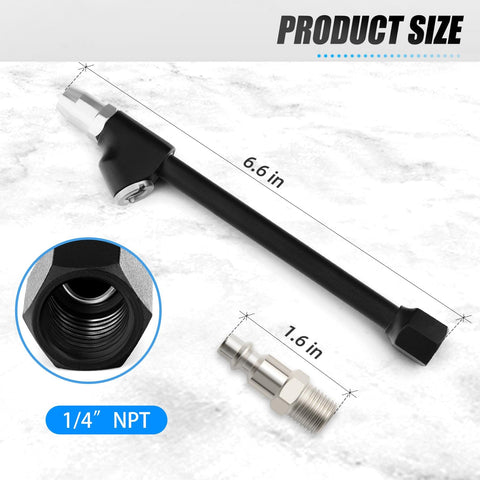 Dual Head Air Chuck Set With One Quarter Inch FNPT, 2 Way Connection Brass Tire Chuck With Quick Plug, product size and parts