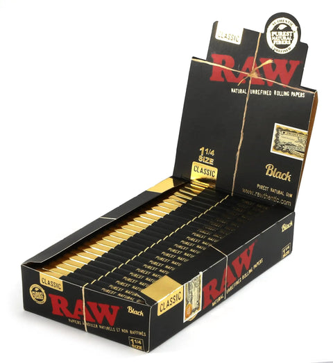 Classic Black One And A Quarter Size Natural Unrefined Ultra Thin 79mm Rolling Papers Six Packs in open display box