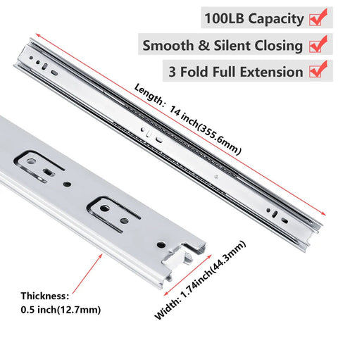 14 Inch Heavy Duty Drawer Slides Side Mount 100 Lb Capacity 4 Pairs Anti Rust Steel Rails Cold Rolled Steel Durable Ball Bearing Glide