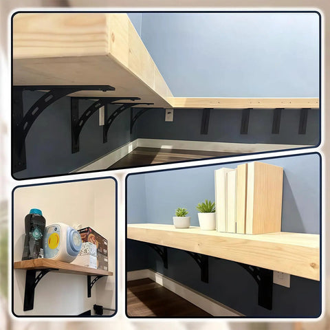 Heavy Duty Carbon Steel Triangle Shelf Bracket For Floating Shelves And TV Stands Rustproof Wall Mount installed with items on shelves