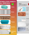 Chart showing suitable surfaces for Heavy Duty Picture Hanging Strips XL: glass, metal, wood, plastic, marble, tile; unsuitable surfaces listed too.