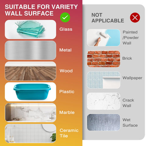Chart showing suitable surfaces for Heavy Duty Picture Hanging Strips XL: glass, metal, wood, plastic, marble, tile; unsuitable surfaces listed too.