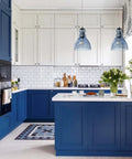 Blue Glass Pendant Lights For Kitchen Island, 6.5 Inch Handblown Glass Shades, modern industrial ceiling fixture in a chic kitchen