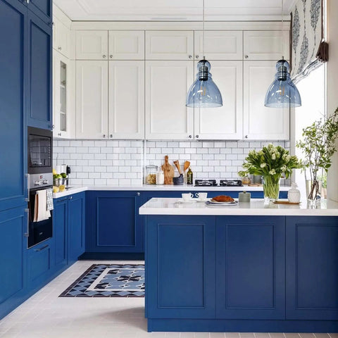 Blue Glass Pendant Lights For Kitchen Island, 6.5 Inch Handblown Glass Shades, modern industrial ceiling fixture in a chic kitchen
