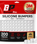 Clear Cabinet Door Bumpers Three Eighths Inch Self Adhesive Rubber Cushions To Stop Slams For Cabinets, Drawers, Furniture, And RVs, Bulk Pack Of 100, transparent round pads in packaging.