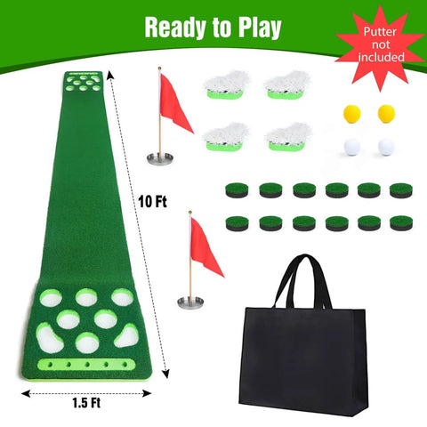 Detachable Golf Putting Green Mat Set with Four Balls, Two Cups and Flags, Portable Carry Bag for Indoor and Outdoor Party Games