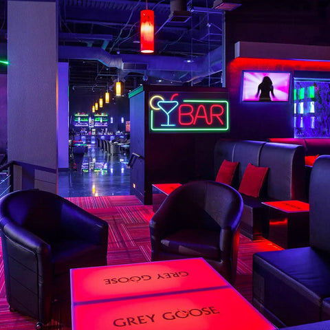 Bar Neon Sign For Wall Decor LED Bar Lights For Bedroom Living Room And Home Bar in a modern lounge setting