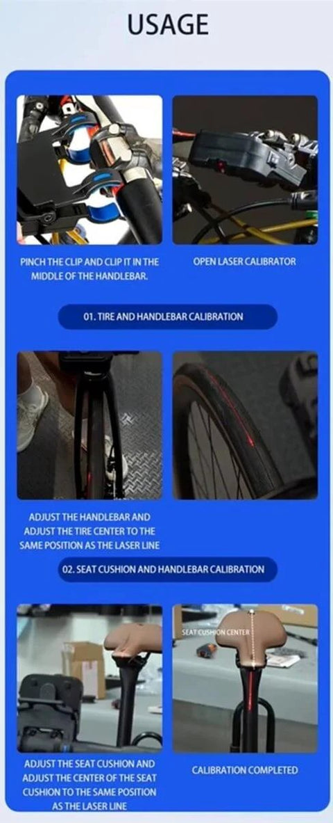 Usage guide for Handlebar Laser Align Tool For Bicycles And Bike Seats, Easy Calibrator And Center Alignment Indicator on handlebars and seats.