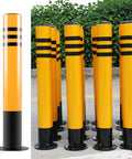 Commercial Grade Steel Security Parking Bollards With Hella Visible Neon Yellow Reflective Tape For Locking Down Driveway Traffic Flows And Guarding Entryways Two Pack, showing various angles with black tape stripes.