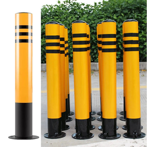 Heavy Duty Steel Security Parking Bollard Post With Hella Bright Yellow Coating For Driveways And Sidewalks, positioned upright.