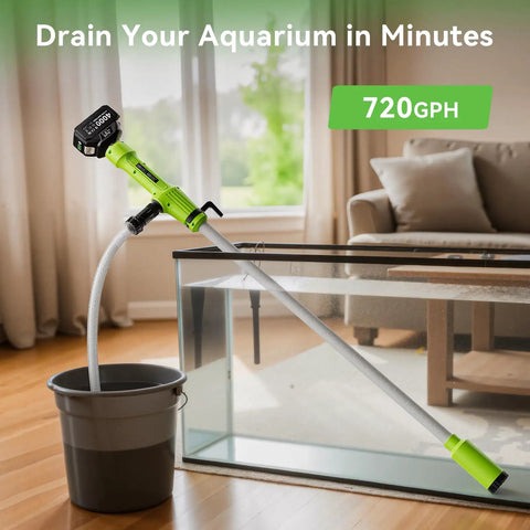 Cordless Stick Transfer Pump For Water And Diesel, 720 GPH Fast Drain in aquarium setting with sofa and bucket