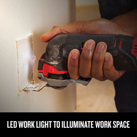 Person using Cordless Oscillating Tool Kit With Blades, Sandpaper, Battery And Charger Included, LED Work Light, Pro Grade Multi Tool