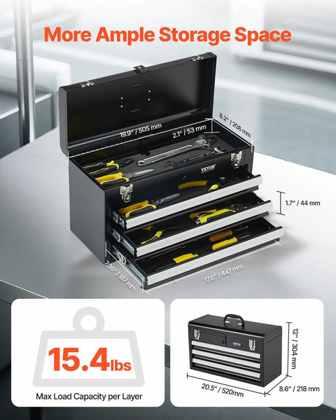 Tough As Nails Steel Tool Box With Three Smooth Rolling Drawers, dimensions 20.5 x 8.6 x 12 inches, organized tools visible inside.