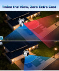 Comparison of solar wireless outdoor security camera system with dual lens and 360-degree coverage showcasing night vision range.