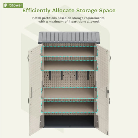 Beige Plastic Outdoor Storage Cabinet With Lockable Shed Waterproof All Weather Patio Tools Box 26 To 50 Cu Ft Capacity open view