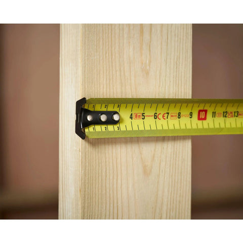 Tape Measure With Blade Armor Built Tough 8 M Metric, Shock Resistant, Mylar Coating, measuring a wooden beam.