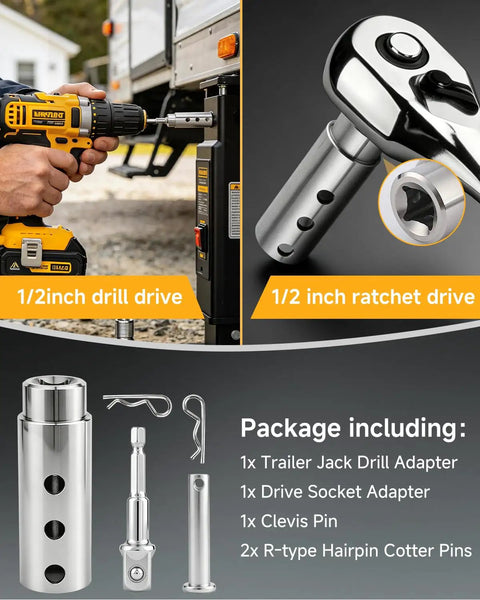 Knock The Grunt Work Off Your Road Trip With This Rock Solid Trailer Jack Drill Adapter For 1 Inch Shafts showing drill and parts.