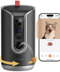 2K Pet Cam With Treat Dispenser And AI Photo Album, 360 Degree Auto Tracking, showing camera tossing treat and smartphone app