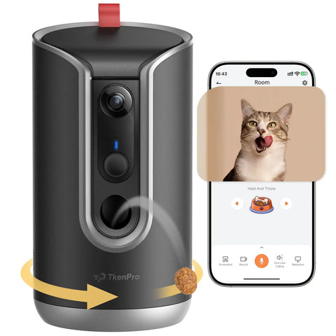 2K Pet Cam With Treat Dispenser And AI Photo Album, 360 Degree Auto Tracking, showing camera tossing treat and smartphone app