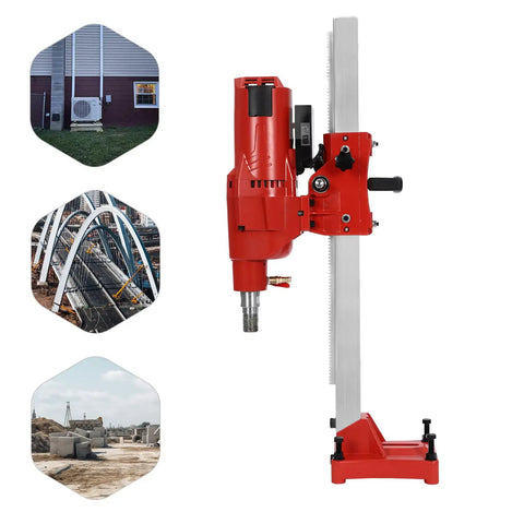 Workhorse Diamond Core Drill Machine With Heavy Stand, 4250W 500RPM Copper Motor Built For Wet Concrete And Masonry Coring, Dead Simple Depth Control And Safety Clutch, 10 Inch Bit side angle view with heavy base and copper motor.