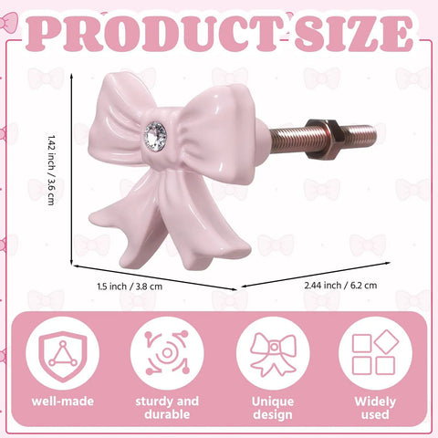 Dimensional view of pink bow dresser knob from Eight Piece Pink Bow Dresser Knob Set Cast Iron Drawer Pulls For Cabinets And Wardrobes Vintage Coquette Style Cute Nursery Rooms Girls Bedroom Vanity And Kitchen Home Decor.