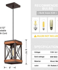 Rustic Farmhouse Wood Pendant Light with Metal Cage in Oil Rubbed Bronze Finish, E26 Base, Adjustable 52-Inch Cord