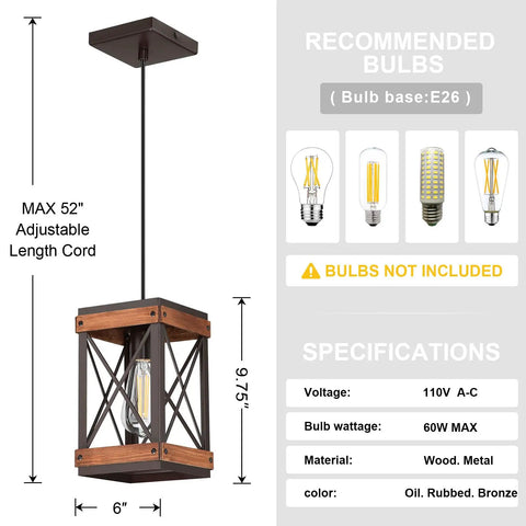 Rustic Farmhouse Wood Pendant Light with Metal Cage in Oil Rubbed Bronze Finish, E26 Base, Adjustable 52-Inch Cord