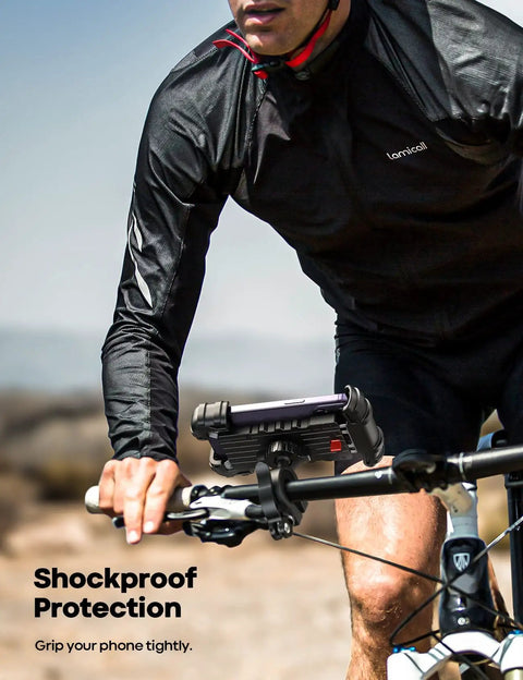 Heavy Duty Motorcycle Mount and Bike Phone Holder with One Hand Lock That Eats up Bumps, mounted on bike handlebar, providing shock resistant grip.