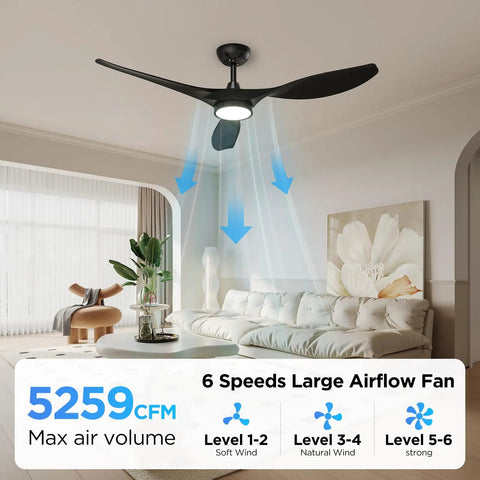 52 Inch Black Ceiling Fan With Lights Remote Control Whisper Quiet DC Motor in a modern living room setting