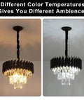 Three Tier Black Rose Gold Crystal Chandelier Round 16 Inch Flush Mount Pendant Light Dimmable Ceiling Fixture with lit glam vibe.