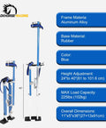 Adjustable Drywall Stilts 24 To 40 Inch Professional Grade Aluminum Painter Stilt For Taping And Painting Ceiling Work Parades Or Cosplay Helpers No Tools Required Fully Adjustable Braces Heavy Duty Blue with specifications listed on side