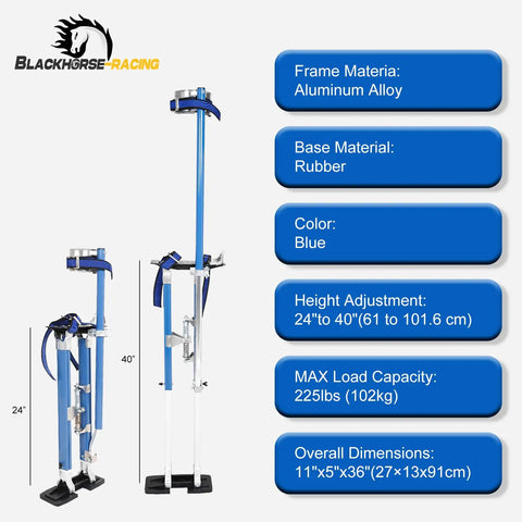 Adjustable Drywall Stilts 24 To 40 Inch Professional Grade Aluminum Painter Stilt For Taping And Painting Ceiling Work Parades Or Cosplay Helpers No Tools Required Fully Adjustable Braces Heavy Duty Blue with specifications listed on side