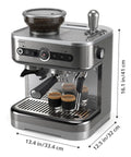 Top Shelf Semi Automatic Espresso Machine With Integrated Grinder And Dual Wall Baskets For Fresh Single Double Shots Plus Americano Brewing In Sleek Metal Silver With Calibrated Tamping Tool showing two espresso shots.