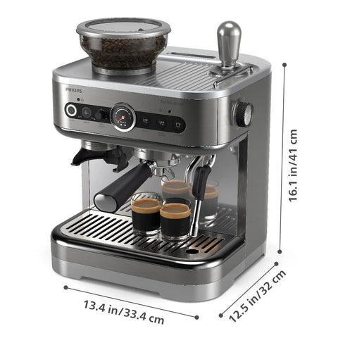 Top Shelf Semi Automatic Espresso Machine With Integrated Grinder And Dual Wall Baskets For Fresh Single Double Shots Plus Americano Brewing In Sleek Metal Silver With Calibrated Tamping Tool showing two espresso shots.