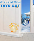Slick Under Door Draft Stopper White Weather Seal blocking cold air with winter scene, easy glide install for entryway.
