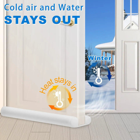 Slick Under Door Draft Stopper White Weather Seal blocking cold air with winter scene, easy glide install for entryway.